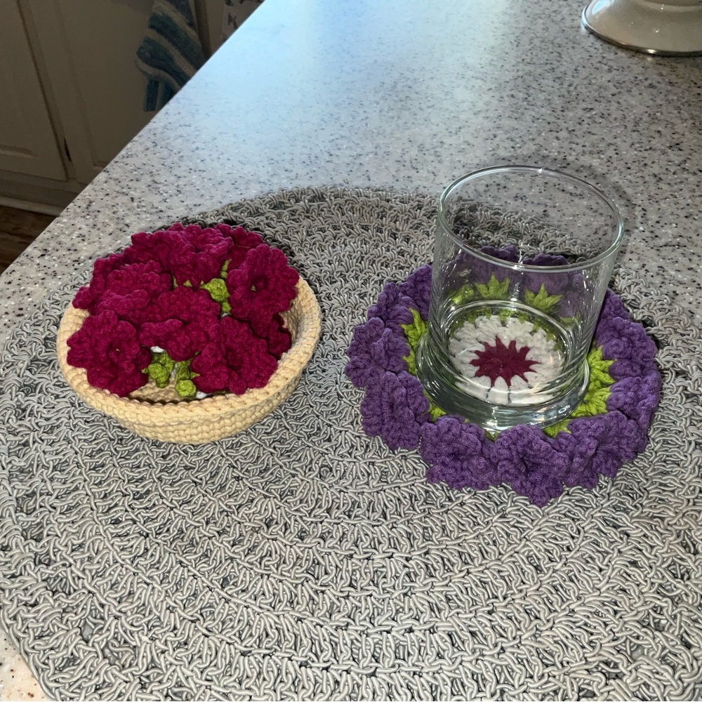 Handmade Crochet Coaster set Tulip Flower Bell with basket Round Cup…